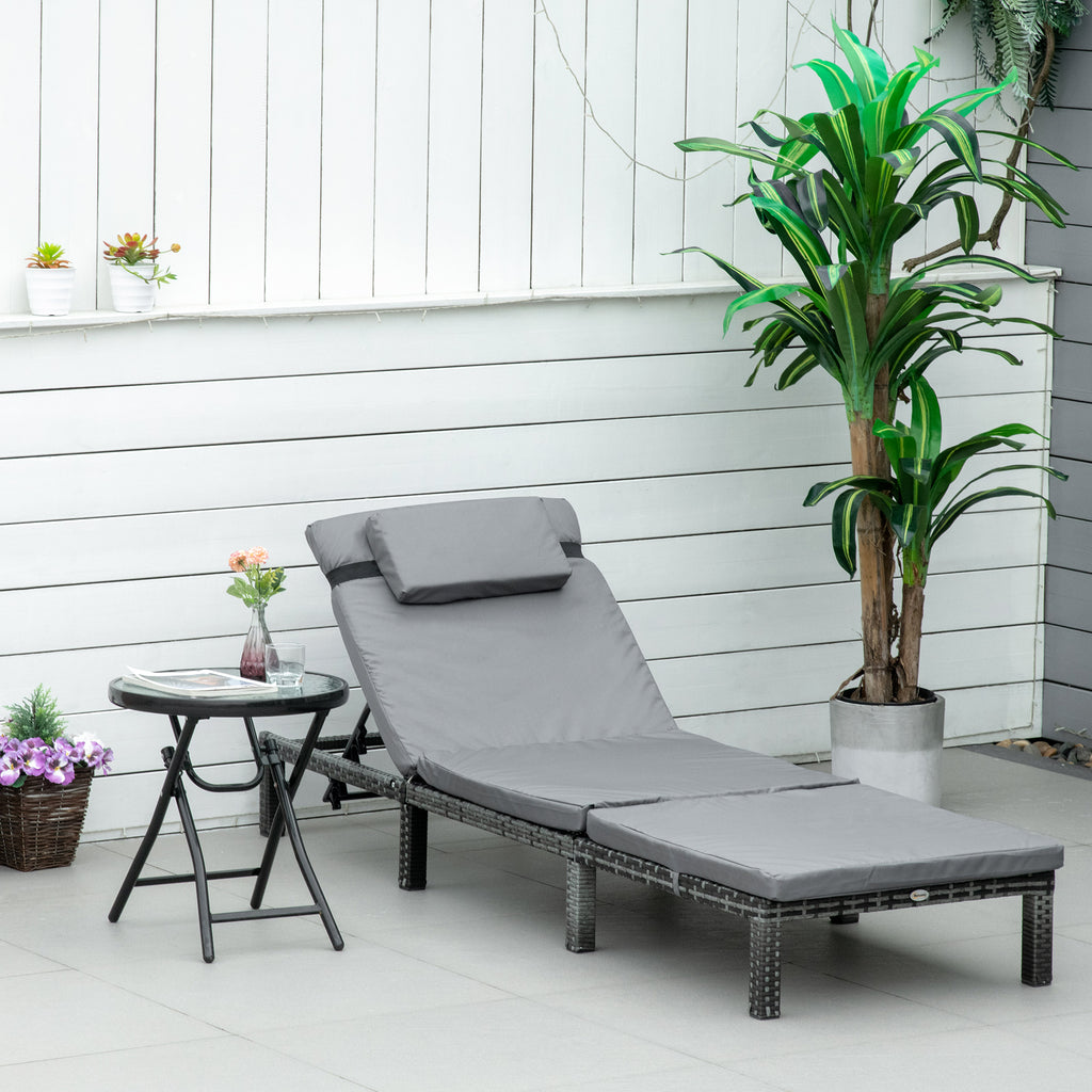 Outsunny Garden Outdoor Rattan Furniture Patio Sun Lounger Recliner Reclining Chair Bed Fire Resistant Sponge, Grey - Inspirely