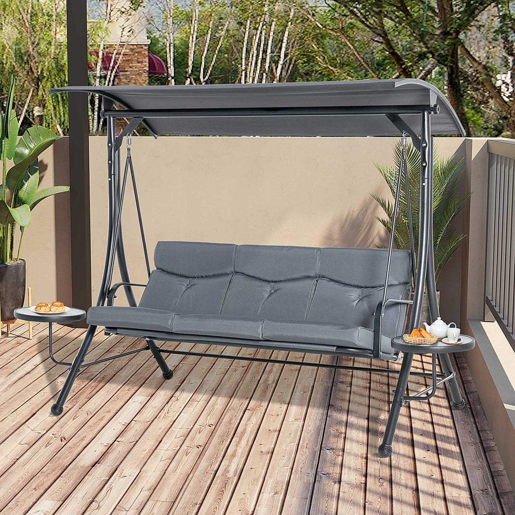 Outsunny 3 Seater Garden Swing Chair with Adjustable Canopy, Cushion and Coffee Tables for Outdoor Patio Garden Grey - Inspirely